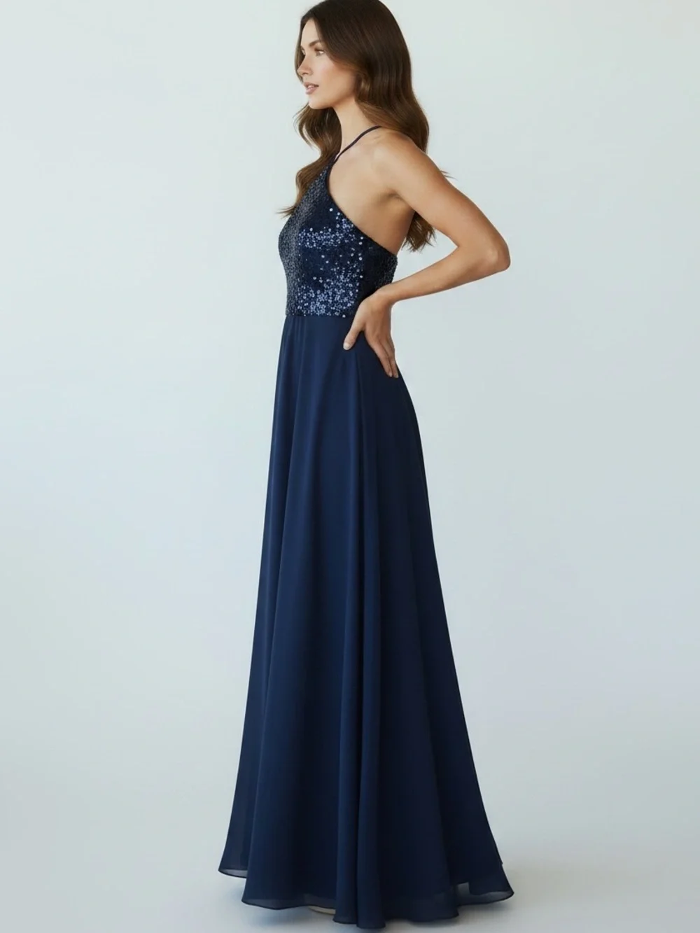 Navy Sequin Halter Formal Gown Maxi Dress Medium - Picture 2 of 7